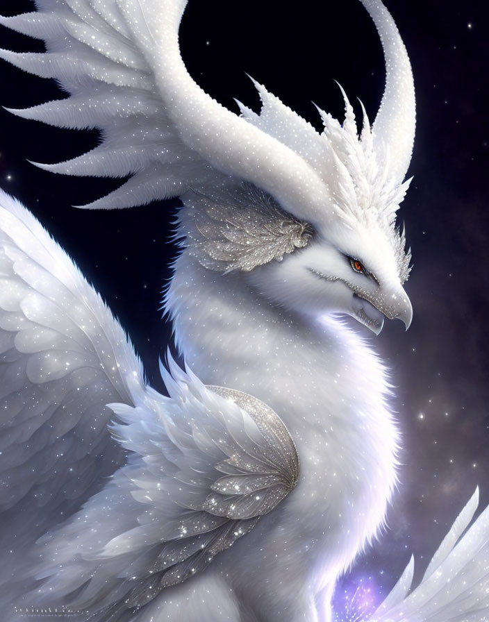 Majestic white dragon with luminous feathers and red eyes in starry night scene