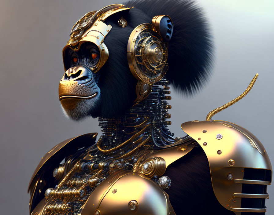 Golden Mechanical Robotic Monkey with Dark Fur-like Texture