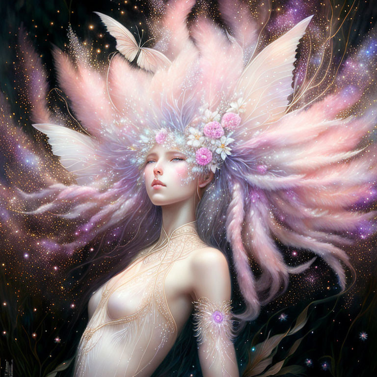 Ethereal figure with feathers and flowers in hair under starry sky