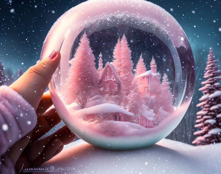 Snow Globe with Pink House and Trees in Hand Amid Winter Twilight