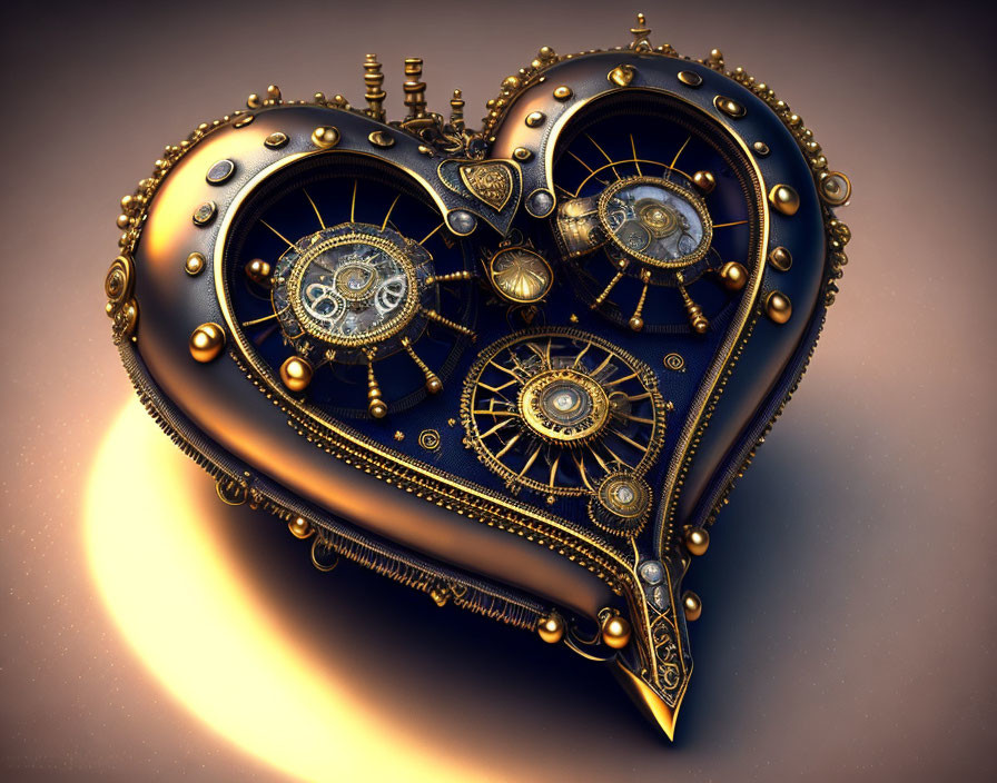 Heart-shaped steampunk gears illustration in gold and bronze tones