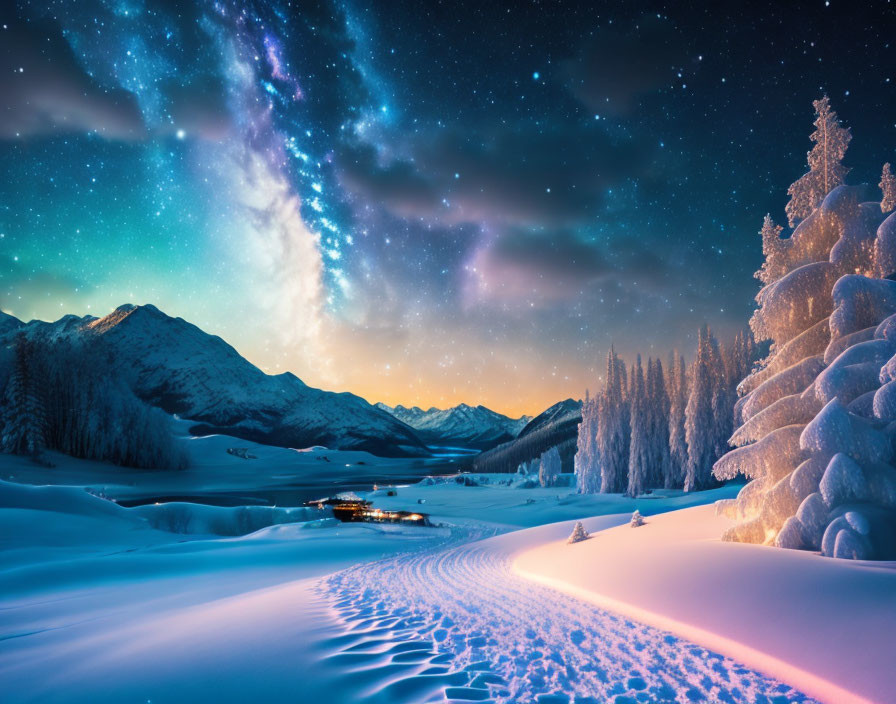 Snow-covered landscape under Milky Way with illuminated trees