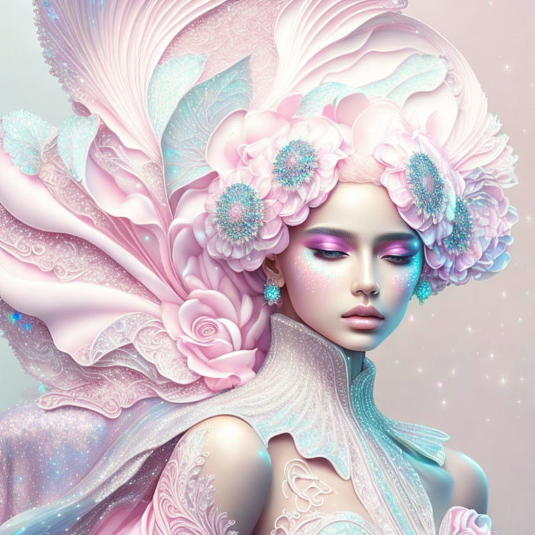 Fantasy Illustration: Woman with Elaborate Floral Headwear