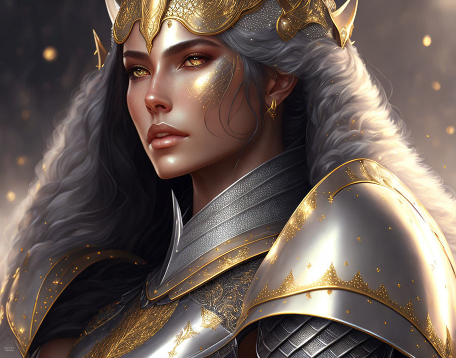 Fantasy warrior woman portrait in ornate gold-trimmed armor