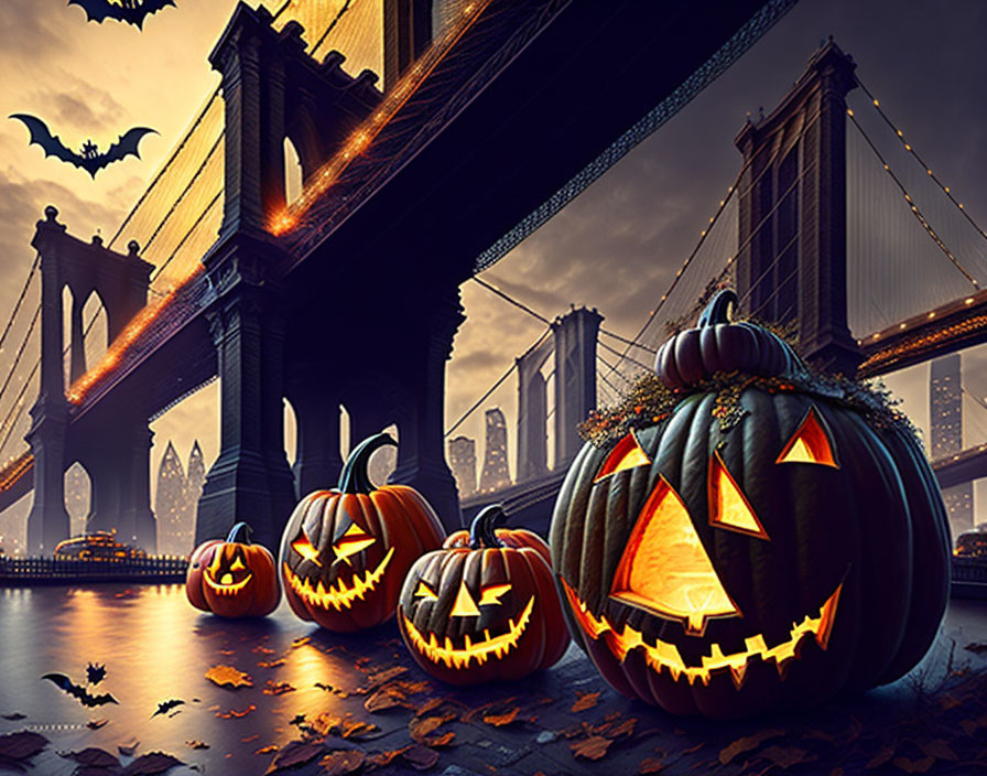 Spooky Halloween scene with carved pumpkins, bats, and Brooklyn Bridge at dusk