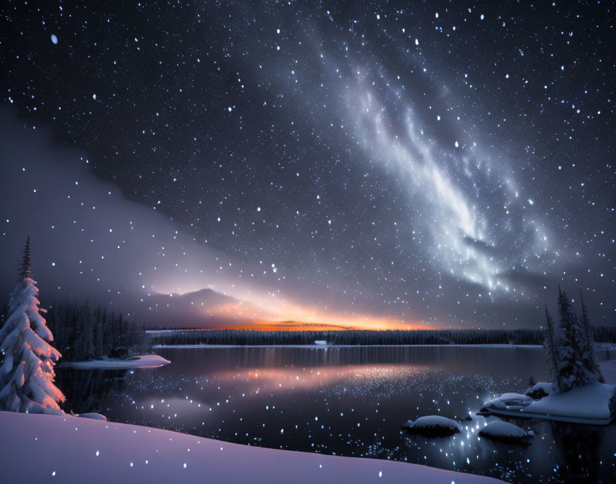 Snowy Night Landscape: Starry Sky, Milky Way, Lake, Trees