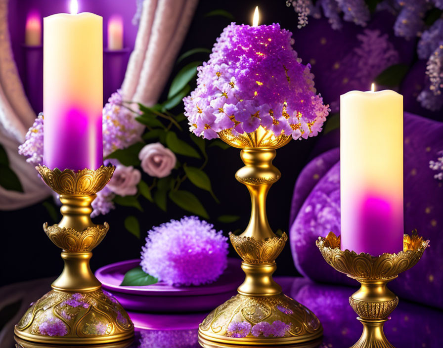 Elegant gold candle holders with purple flowers on dark background