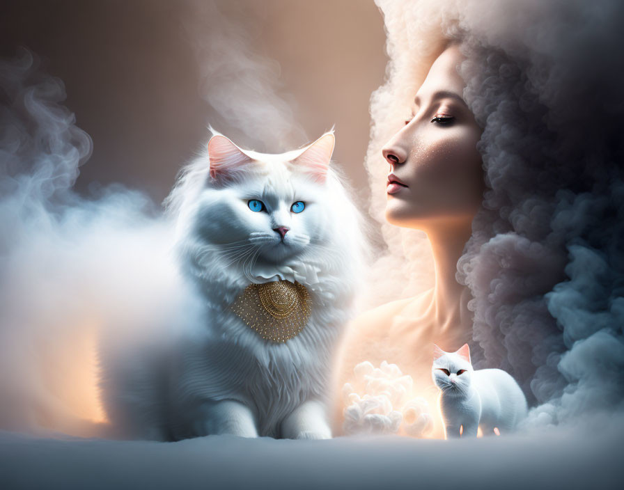 Woman with voluminous hair and two white cats in misty setting