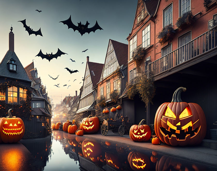 Quaint Town Halloween Scene with Pumpkins and Bats