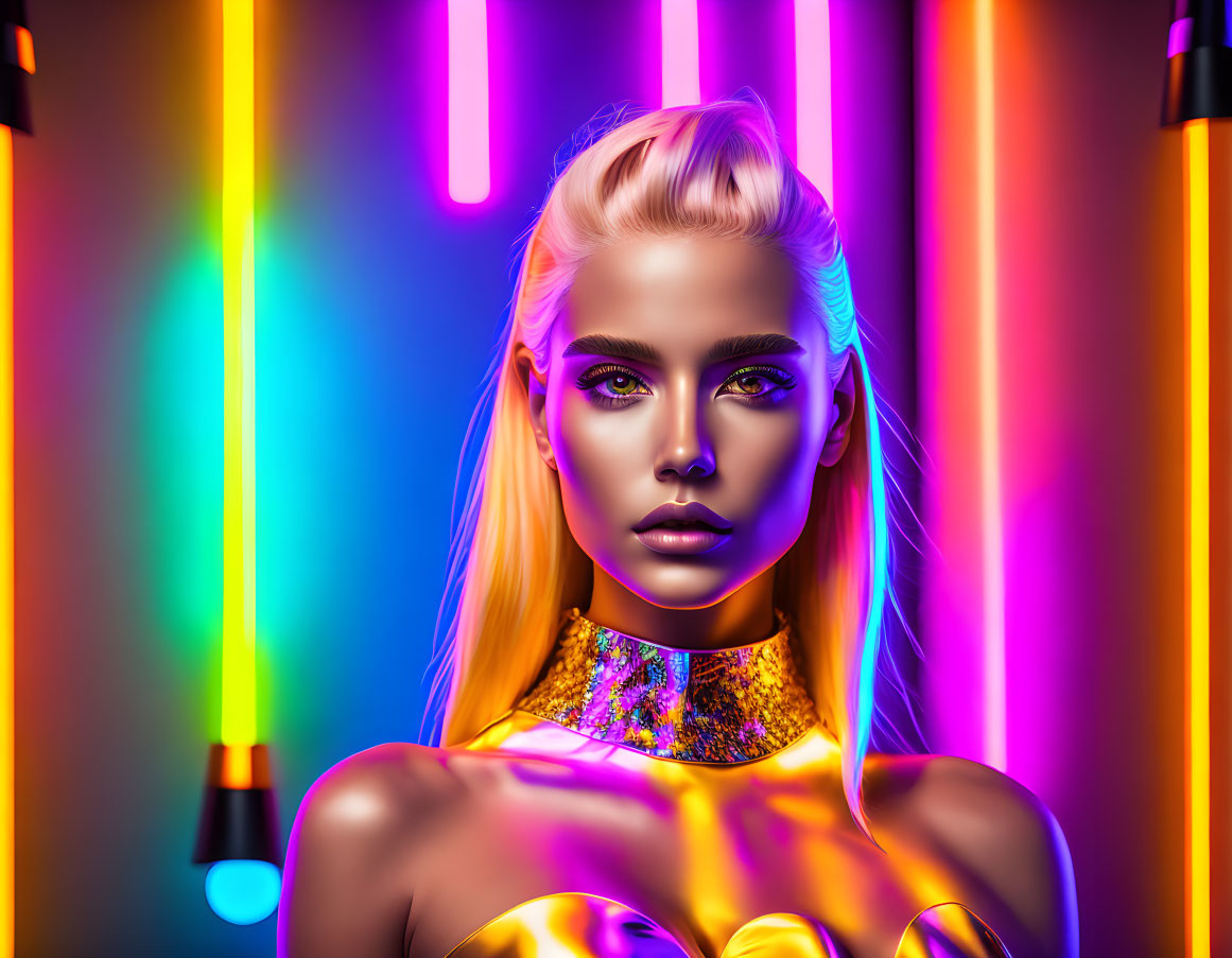 Colorful portrait of woman with striking makeup and golden skin against neon-lit background.