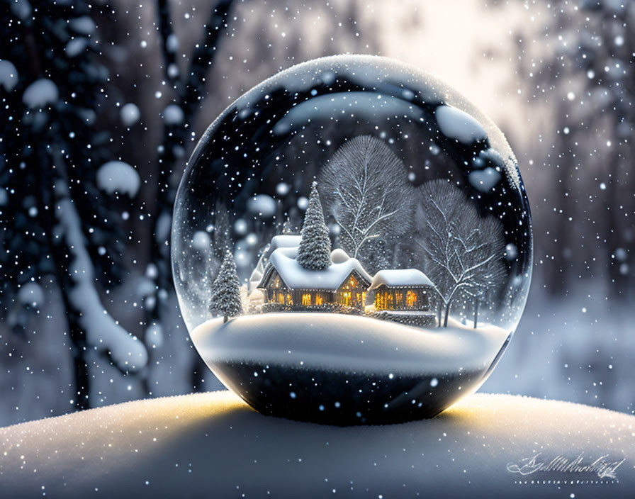 Winter snow globe with cozy cottage, illuminated trees, and falling snow at twilight