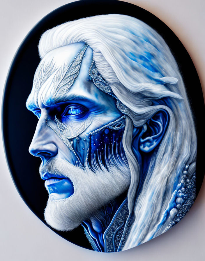 Fantasy-themed illustration of a pale-skinned male with white hair and blue features against a dark background