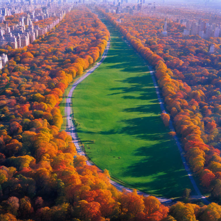 Vibrant autumn foliage in park with city skyline view