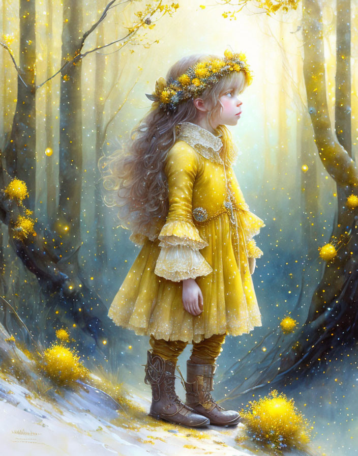 Young girl in yellow dress in snowy forest with glowing orbs