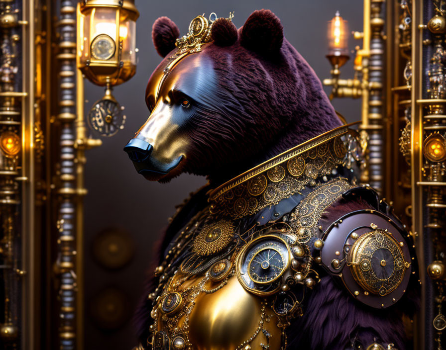 Regal bear in golden armor surrounded by candles in luxurious baroque setting