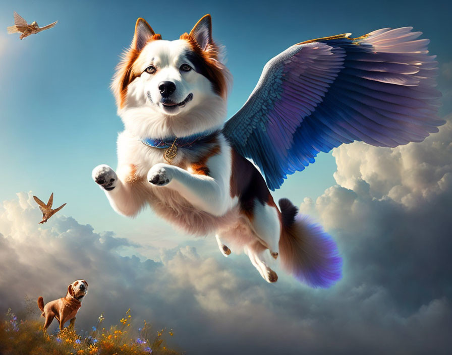 Colorful bird-winged dog flying with birds and another dog under blue sky