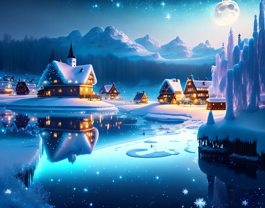 Snow-covered buildings reflected in calm lake on serene winter night