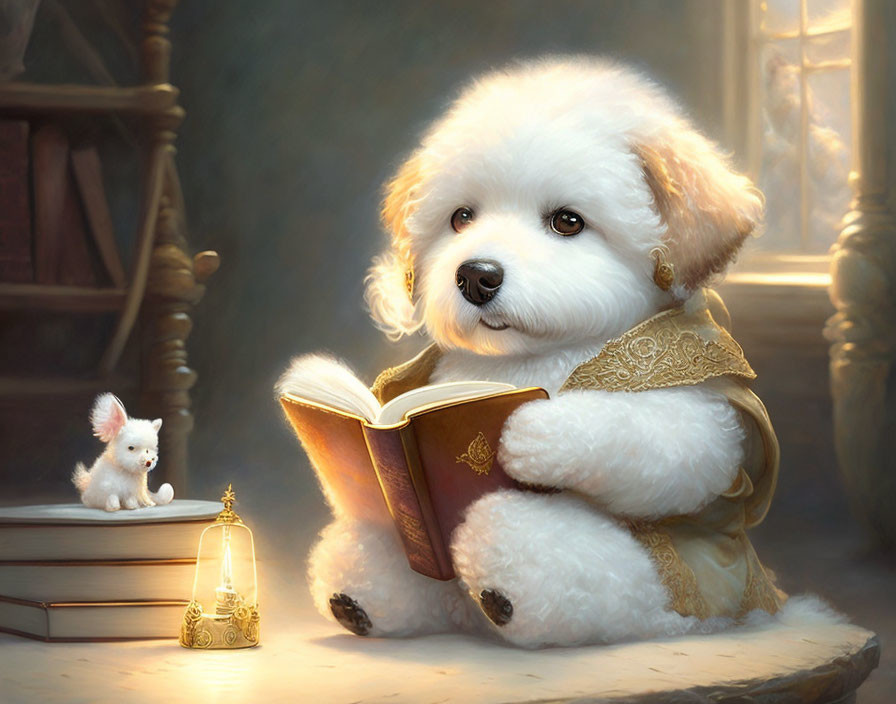 Fluffy white dog with regal collar reading book beside tiny mouse and lantern