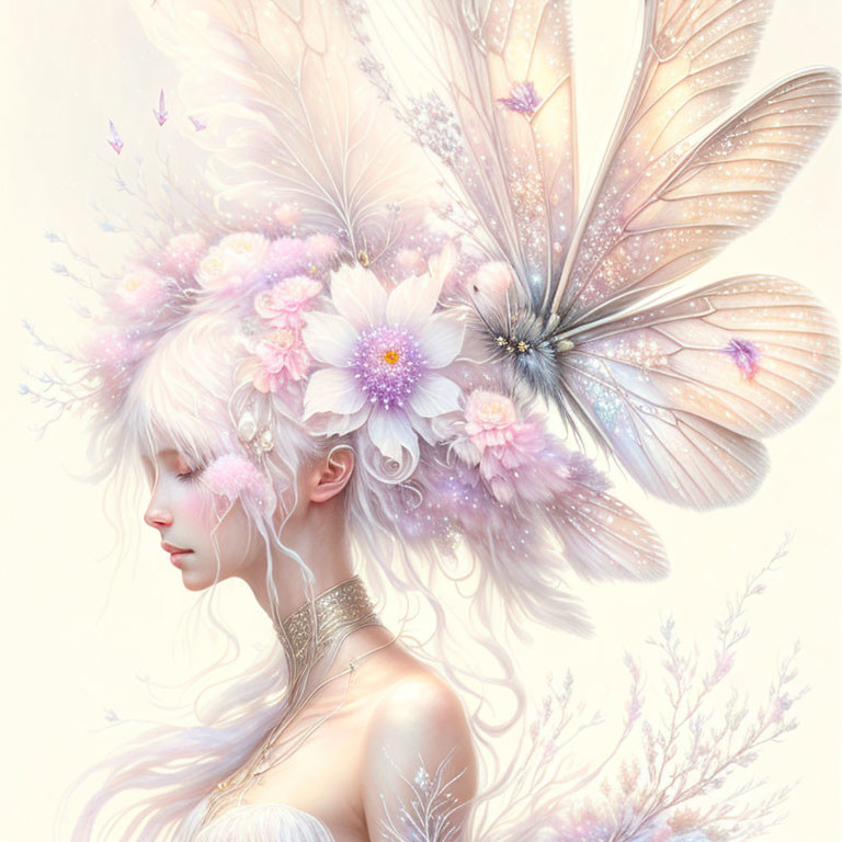 Portrait of a Woman with Butterfly Wings and Flowers