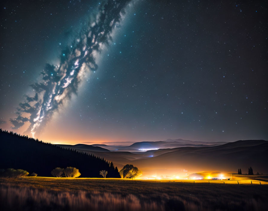 Starry night landscape with Milky Way over hills and forest.