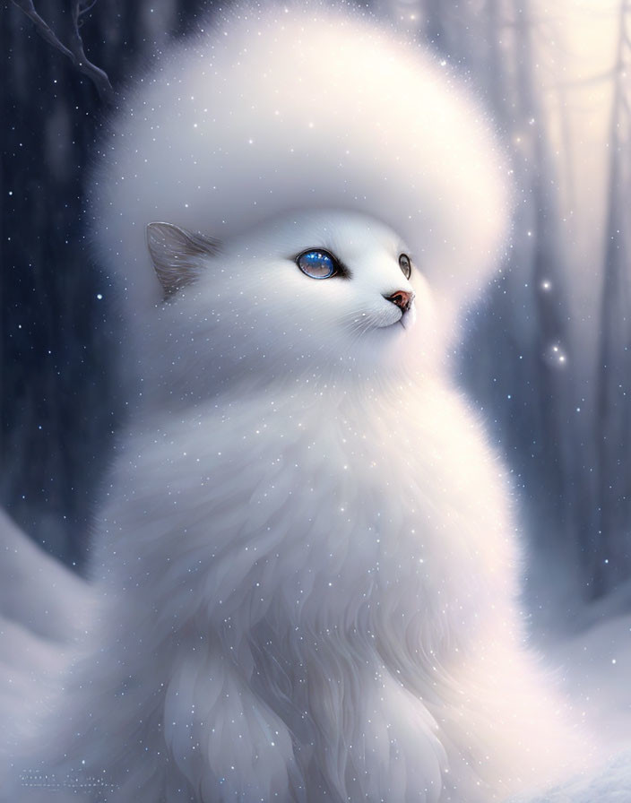 White fluffy cat with blue eyes in snowy forest with halo of light