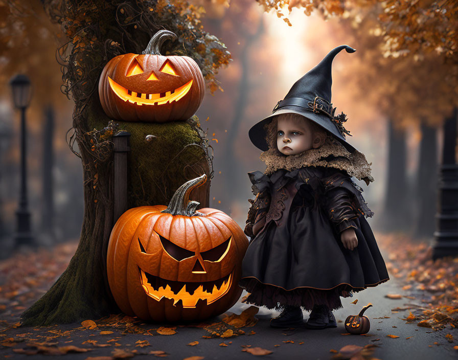 Child in witch costume next to carved pumpkins on autumn path.