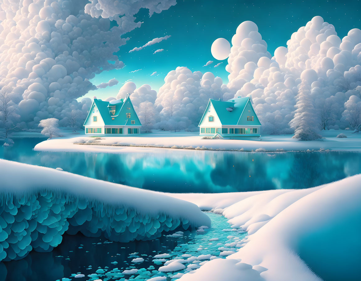 Snow-covered houses by serene lake in whimsical winter landscape