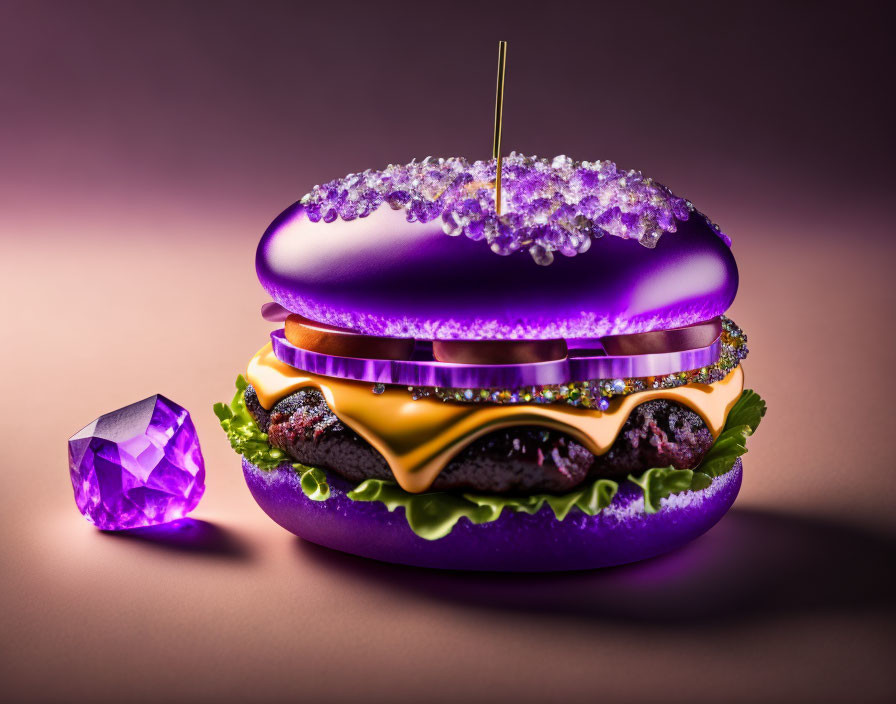 Purple-themed burger with sparkling elements, lettuce, cheese, patty, and gemstone.