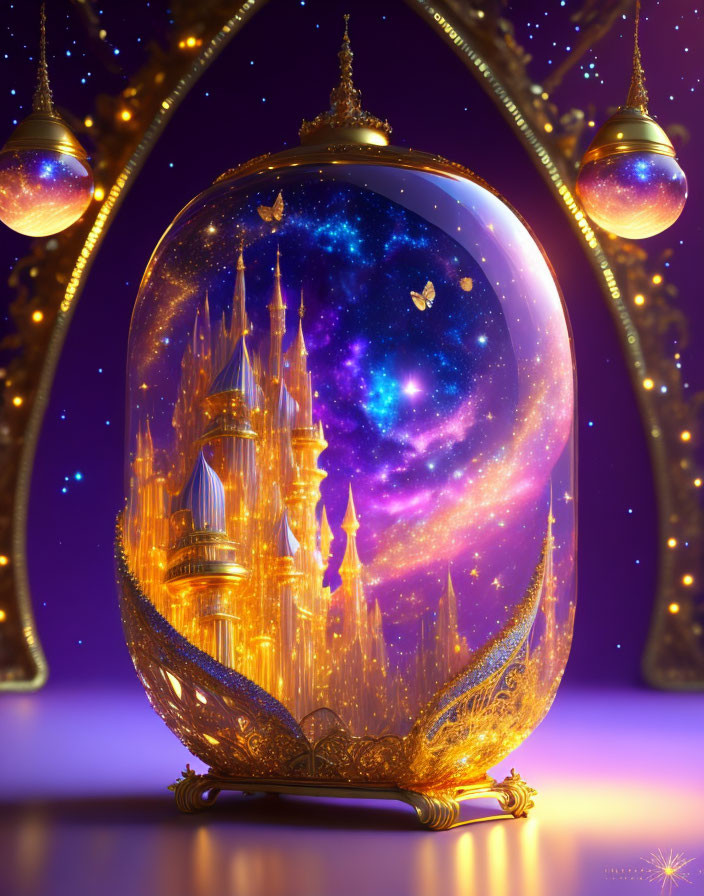 Glass Bell Jar with Glowing Castle and Cosmic Background