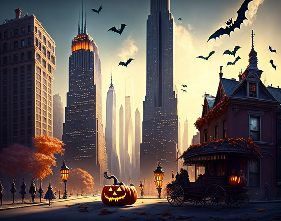 Digital Halloween cityscape with bats, pumpkin, and carriage at sunset