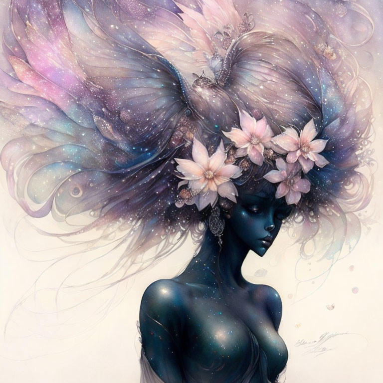 Mystical artwork: Woman with blue skin, galaxy hair, pink flowers