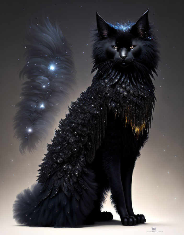 Mystical black cat with starry fur pattern and celestial aura