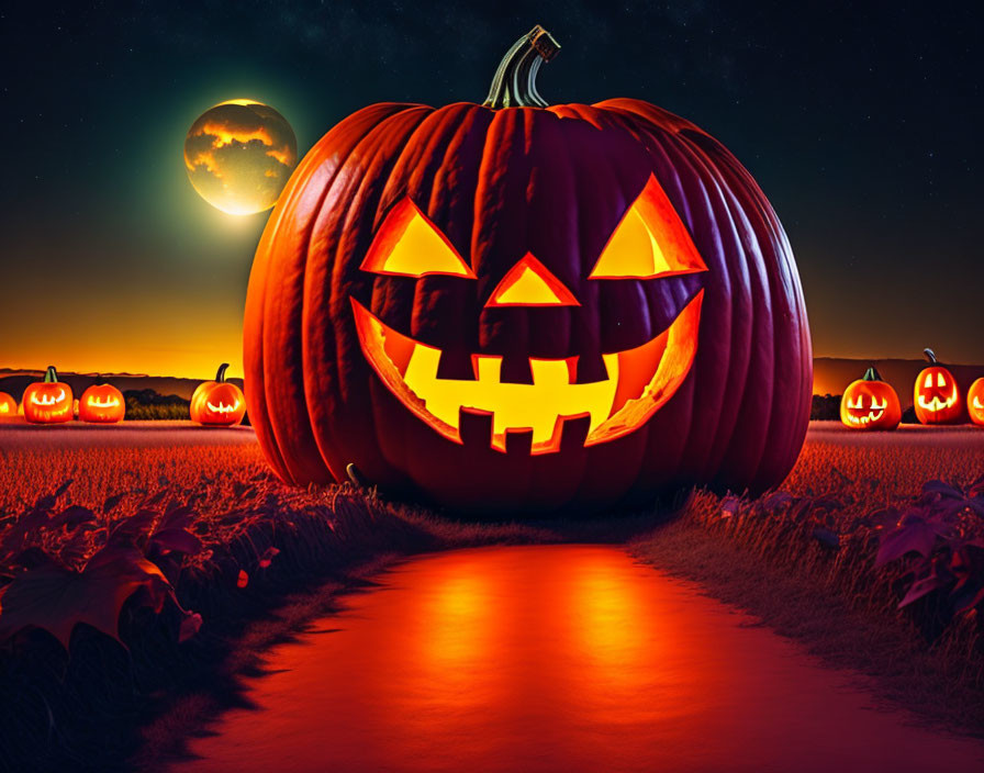 Carved pumpkin with glowing face in pumpkin patch at night