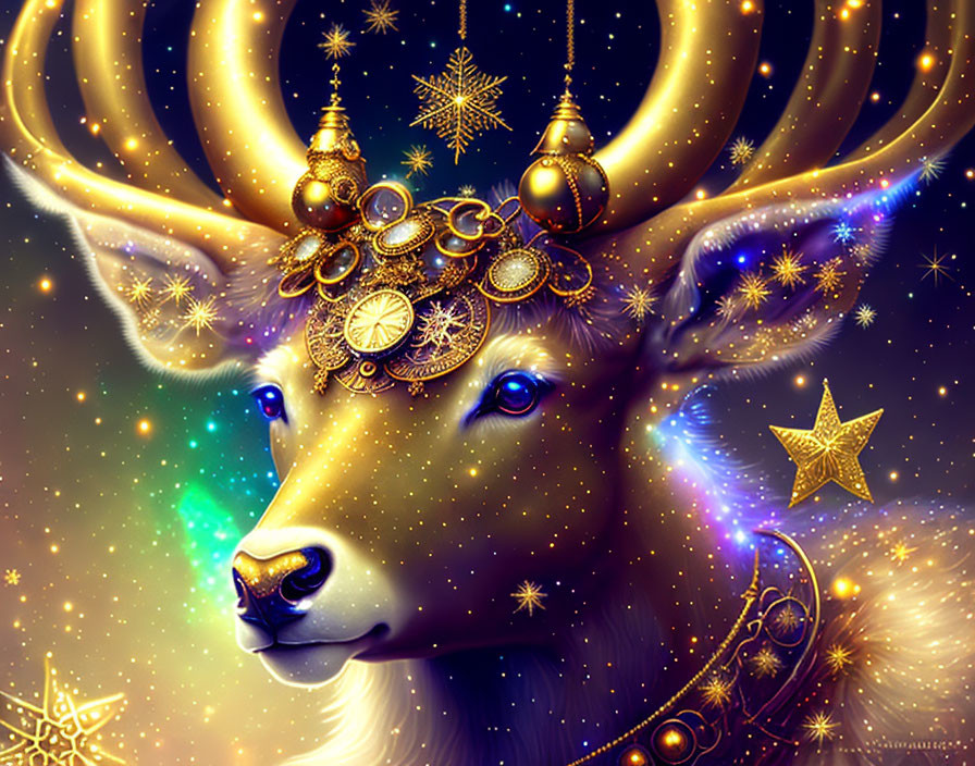 Golden reindeer with ornate decorations in starry aurora night sky.