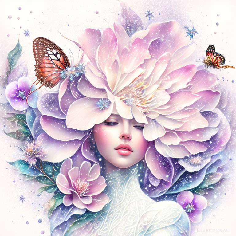 Illustration of woman's face with blooming flower hair and butterflies in snowy, starry setting