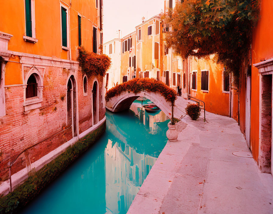 Venice Canal Scene with Small Bridge and Orange Buildings