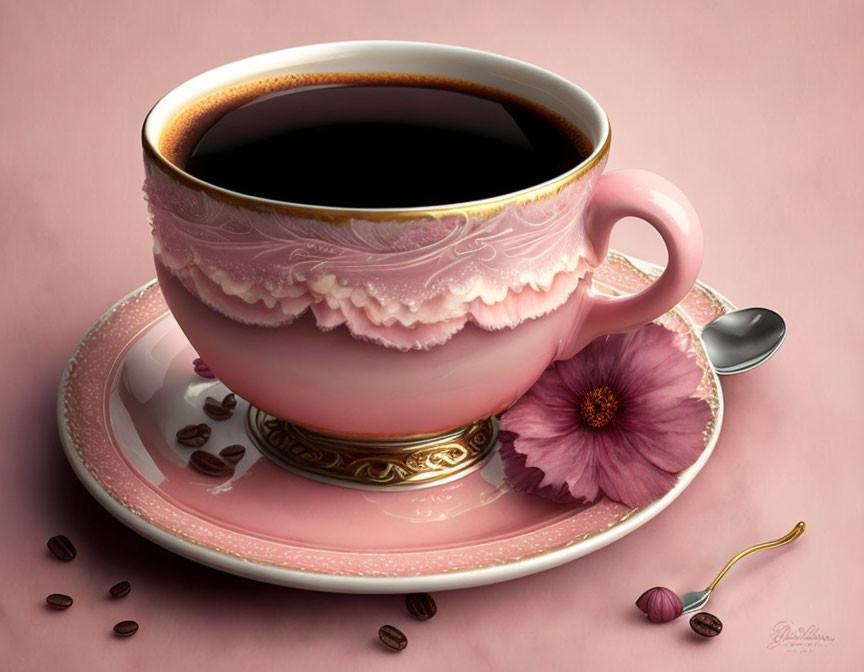 Ornate pink tea cup with coffee, scattered beans, purple flower, and gold spoon