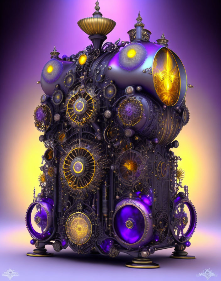 Steampunk-style clock tower with gears and orbs on purple and gold gradient.