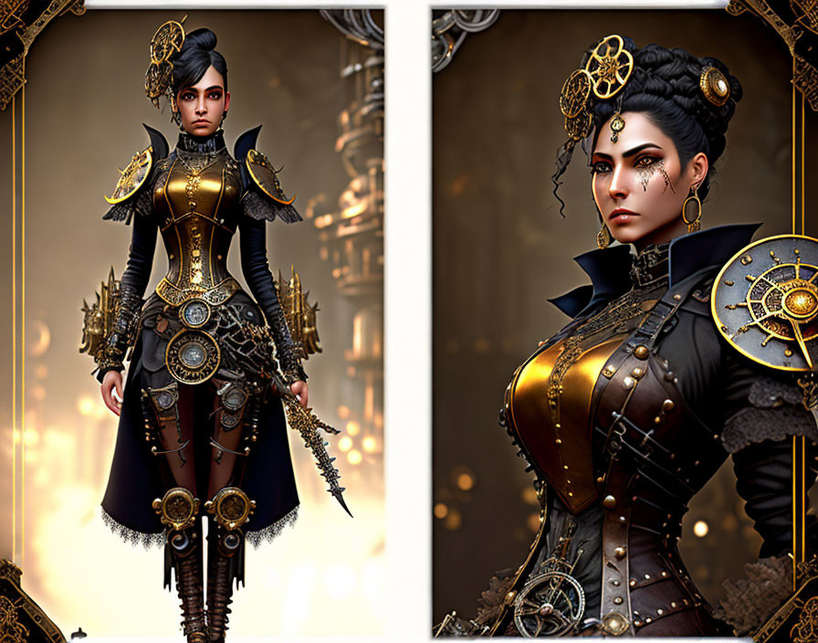 Steampunk-inspired digital art of a woman in elaborate attire with gold details and mechanical elements.