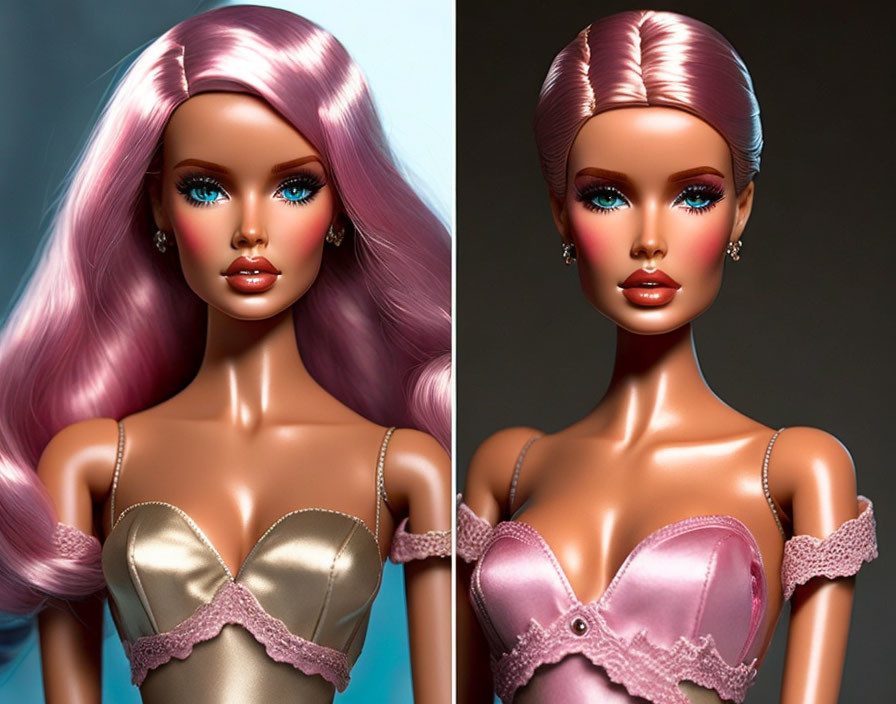 Doll with Long Pink Hair and Turquoise Eyes in Gold-Trimmed Corset