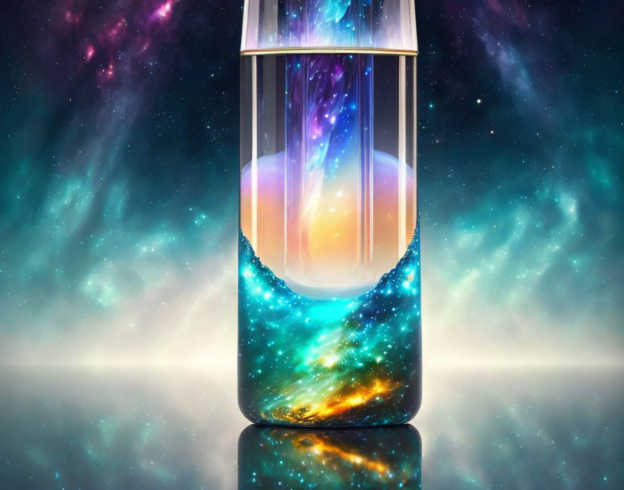 Glass dome with galaxy liquid spill on starry background