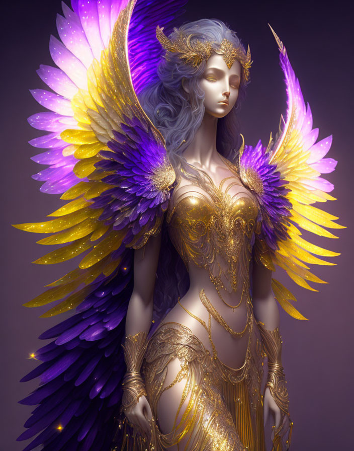 Multicolored winged female in golden armor on purple background