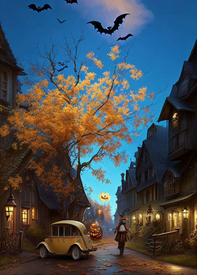 Vintage houses, old car, pumpkins, person in costume, bats, full moon on quaint street