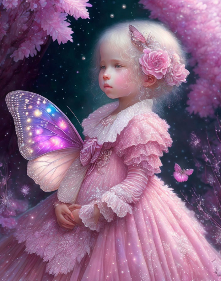 Young girl in pink dress with luminous butterfly under sparkling pink tree