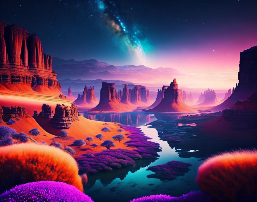 Colorful red rock formations, waterbody, purple vegetation under starry sky in alien desert