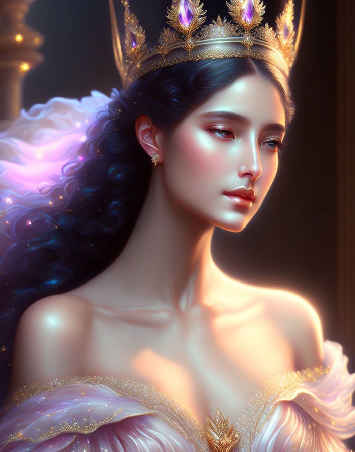 Regal woman with golden crown and elegant pink gown