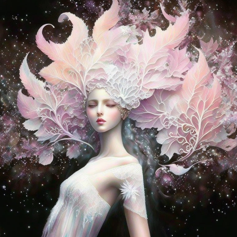 Fantasy portrait of woman with pink & white feather headdress under starry sky