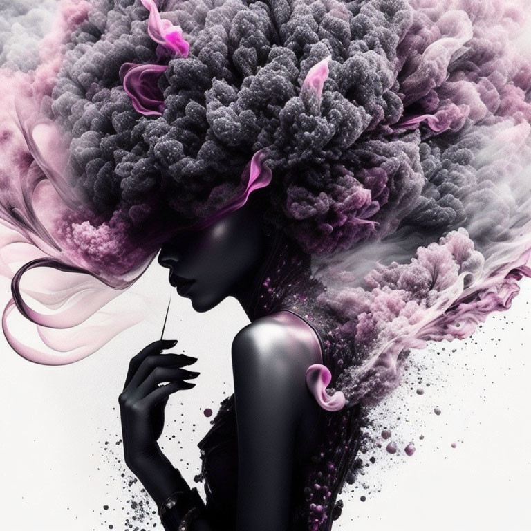 Surreal artwork: Woman with voluminous grey smoke-like hair and pink swirls on white background