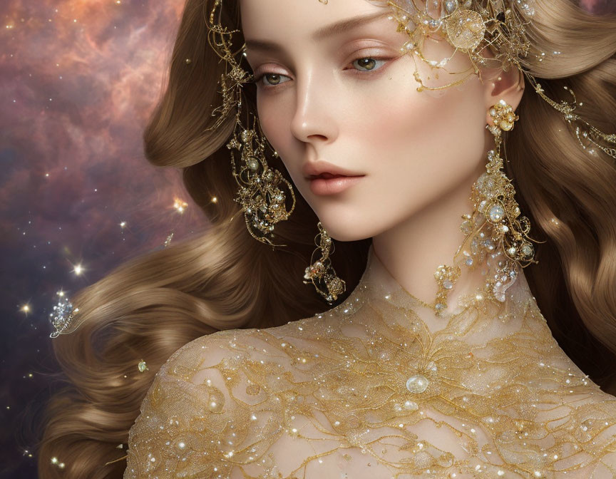 Illustrated female with golden jewelry and ornate headdress in cosmic setting.