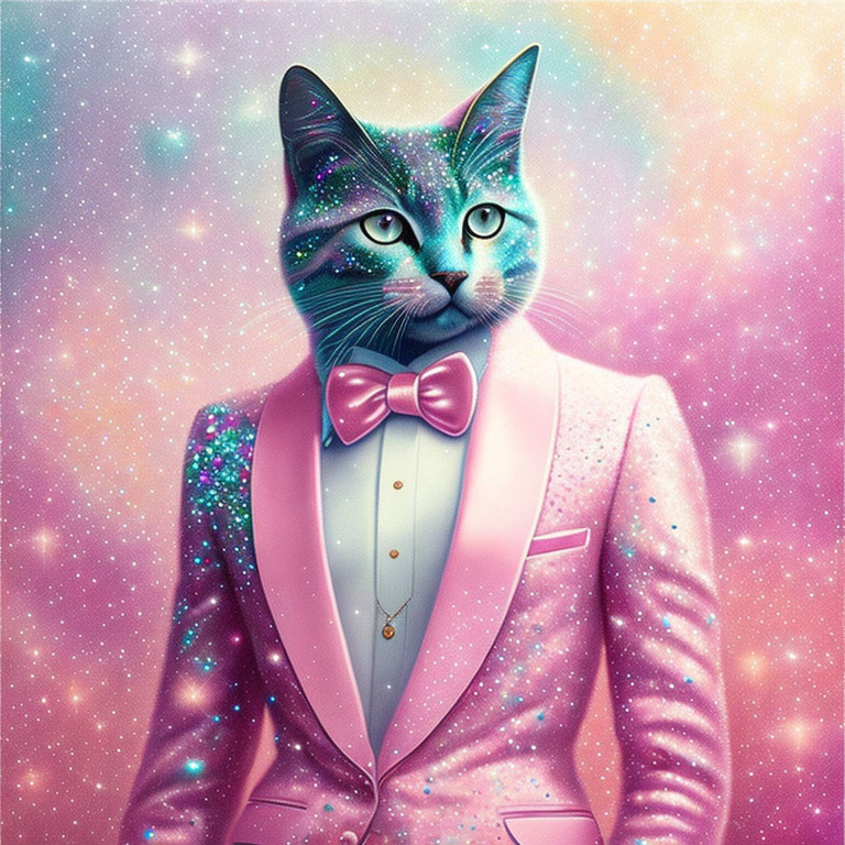 Blue-faced cat in starry suit on cosmic backdrop